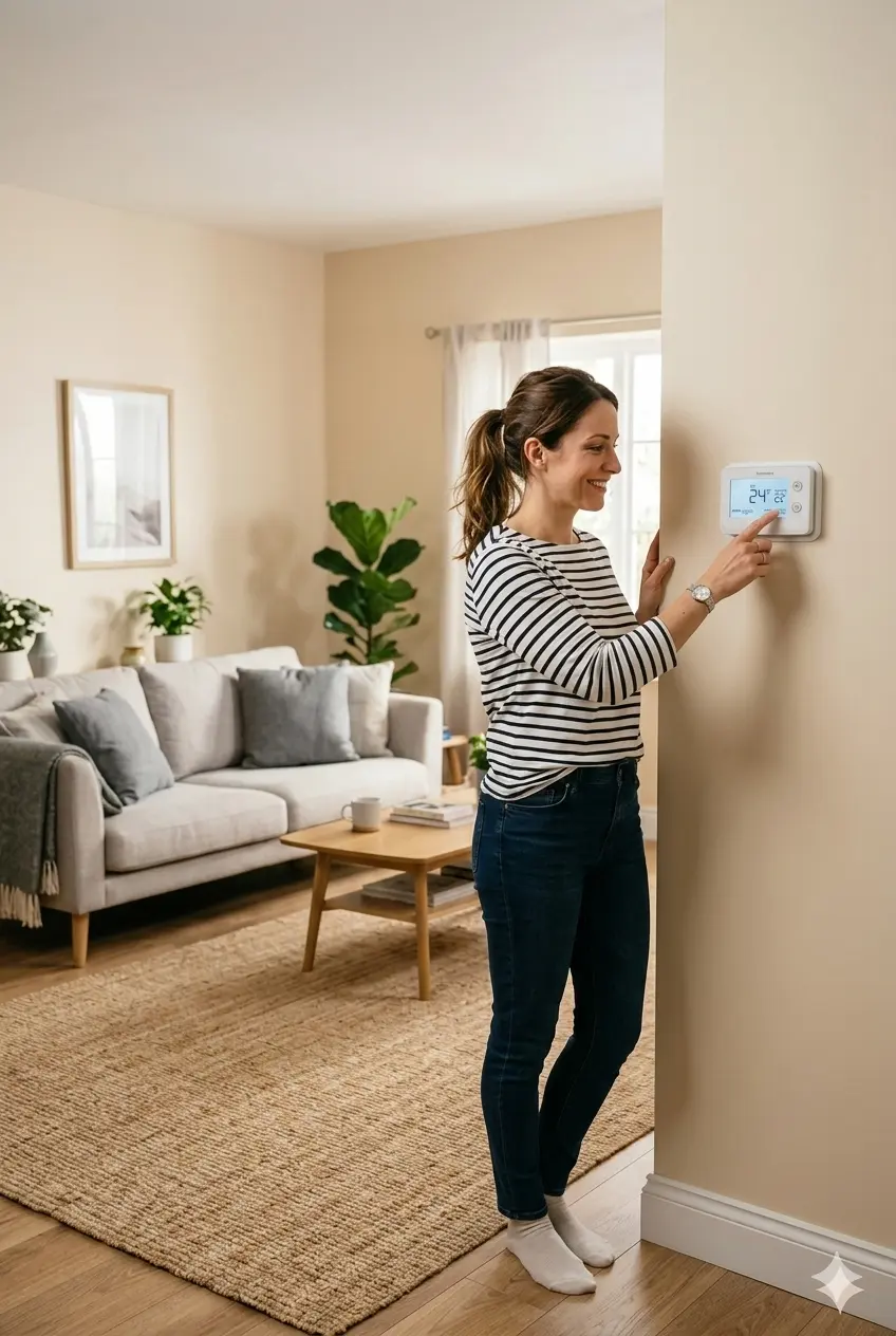 mujer ajustando temperatura del hogar-imagen generada por IA