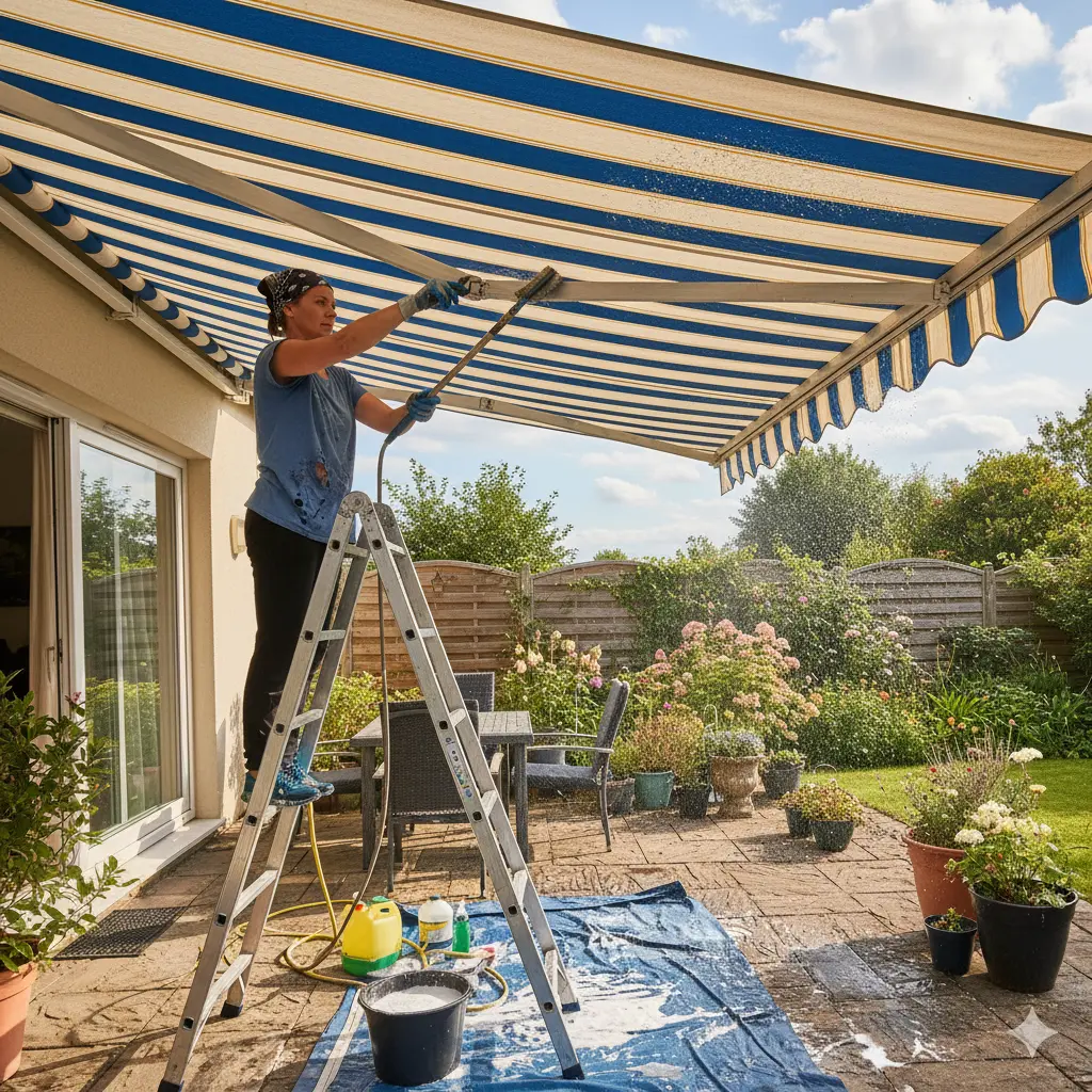 mujer-limpiando-toldo-terraza-casa-verano